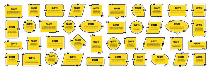 Set of yellow isolated quote frames. Speech bubbles with quotation marks. Blank text box and quotes. Blog post template. Vector illustration.