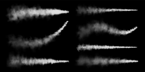 Realistic airplane condensation trails. Space rocket launch. Missile or bullet trail. Jet aircraft tracks. White smoke clouds, fog. Steam flow. Vector illustration. © 32 pixels