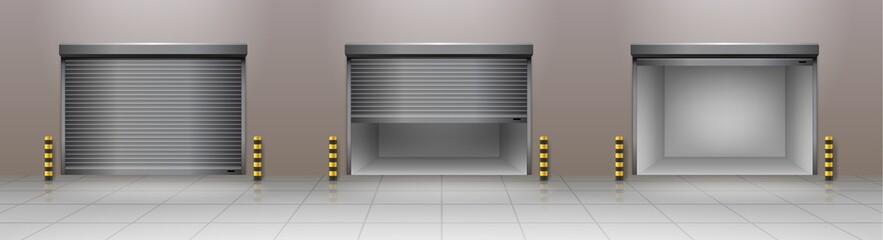 Realistic garage doors with mechanical or automatic control system: open, closed and sliding
