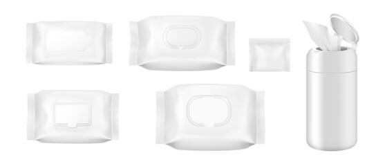 Realistic wet wipes packages set. Template white plastic packaging for cleaning napkins