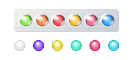 Colorful chewing gum in plastic blister pack and separately. Realistic sweet sugar candies