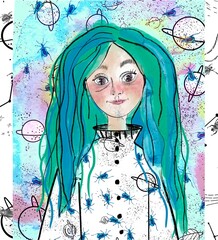 woman face with blue and green hair drawing on a galaxy