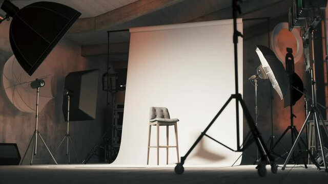 Empty photo studio with chair. Professional photo studio with lights on. 3d visualization