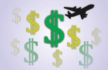 Obraz premium Dollar symbols with airplane. Economy and travel.