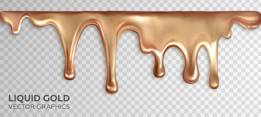 Liquid gold, dripping drops of rose gold. Realistic 3d vector design - obrazy, fototapety, plakaty