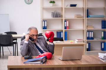 Old businessman employee wearing boxing gloves at workplace