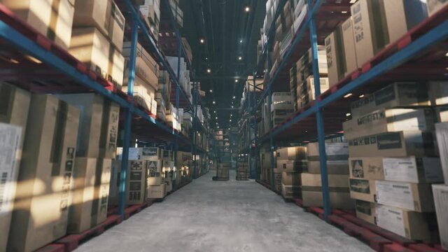 The warehouse is filling with goods. Many products on racks in the warehouse. Filling the warehouse of cardboard boxes on racks. 3d animation