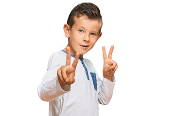 Adorable caucasian kid wearing casual clothes smiling looking to the camera showing fingers doing victory sign. number two.