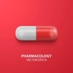 Vector 3d Realistic Red Medical Pill Icon Closeup on Red Background. Design Template for Graphics, Banners. Top View. Health, Covid, Coronavirus, Protection, Vitamins, Pharmacology, Medicine Concept