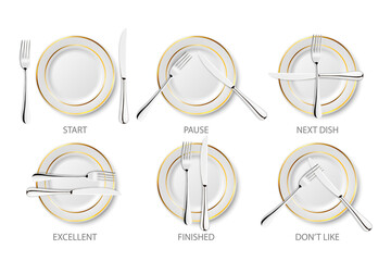 Fototapeta premium Vector 3d Realistic Ceramic, Porcelain White Plate with Golden Strip Set Isolated on White Background. Dining Etiquette. Forks and Knifes Signals. Top View