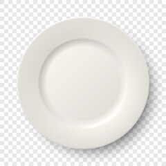 Vector 3d Realistic Ceramic, Porcelain Empty Dish White Plate Icon Closeup Isolated on Transparent Background. Food, Restaurant Menu, Kitchen Concept. Design Template for Mockup. Top View