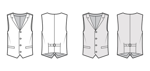 Lapelled vest waistcoat technical fashion illustration with sleeveless, notched shawl collar, button-up closure, pockets. Flat template front, back, white, grey color. Women, men unisex top CAD mockup