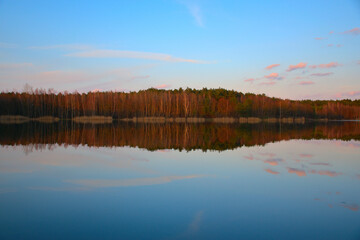 Fototapeta premium autumn forest reflecting in a calm, autumn lake