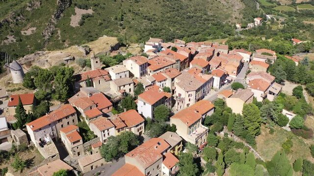 Aerial view of little village Cucugnan in the Aude area in France. High quality 4k footage