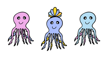 Doodle style set with octopus. Hand drawn icon and symbol for print on baby clothes, sticker, textile, menu design.
