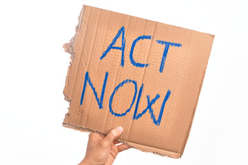 Cardboard banner ACT NOW text, take action now message over isolated white background