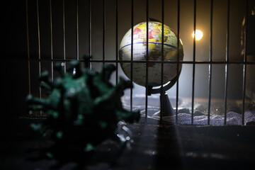 Prison or jail cell wall with window with bars, exterior perspective, COVID-19 corona virus disease...