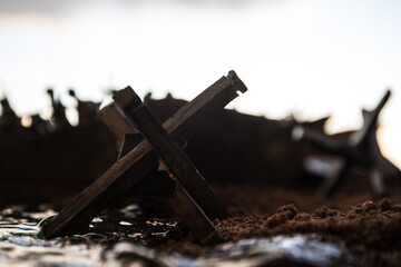 World War 2 reenactment (D-day). Creative decoration with toy soldiers, landing crafts and hedgehogs. Battle scene of Normandy landing on June 6, 1944.