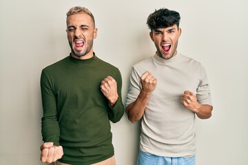 Homosexual gay couple standing together wearing casual clothes celebrating surprised and amazed for success with arms raised and eyes closed