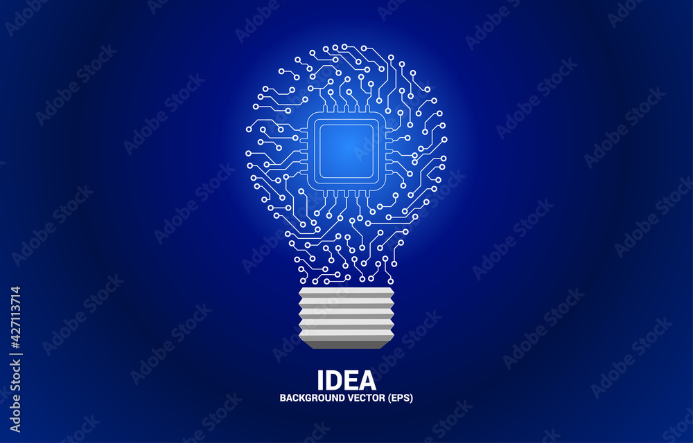 Poster Vector light bulb from dot connect line circuit board with CPU inside. Concept of business plan and creative idea.