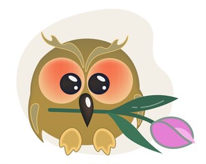 .Cute cartoon owl with big kind eyes. A wise character is holding a pink tulip in his beak. Gift for the holiday.Vector illustration on a white background.