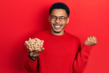 Young african american man holding peanuts screaming proud, celebrating victory and success very excited with raised arm