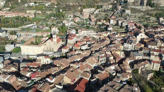 Top view of the city of Berga on the slopes of the Pyrenees mountains. Catalonia. Spain