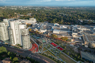 Aerial view of the metro station, shopping centre and high rise apartments in the Sydney suburb of...