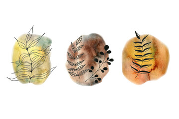 Collection of watercolor illustrations in boho style for decor and design. 