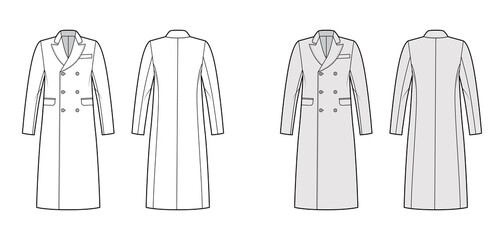 British warm overcoat technical fashion illustration with midi length, round collar peak, flap pockets. Flat outerwear template front, back, white, grey color style. Women, men, unisex top CAD mockup