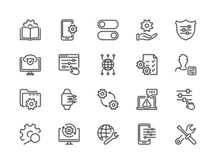 Simple Set of Setup, Repair and Settings. Gear, Screwdriver and Wrench line icons. Tech Support, Settings and Options related Vector line icons set. Editable Stroke. Vector illustration