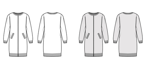 Zip-up dress cardigan Sweater technical fashion illustration with rib crew neck, long sleeves, oversized body, knit trim. Flat jumper apparel front, back, white grey color. Women men unisex CAD mockup