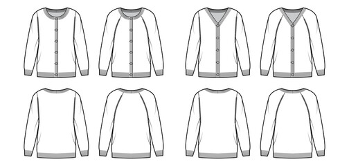 Set of Cardigans Sweater technical fashion illustration with rib crew V- neck, long raglan sleeves, button closure oversized, knit trim. Flat apparel front, back, white color. Women, men unisex mockup