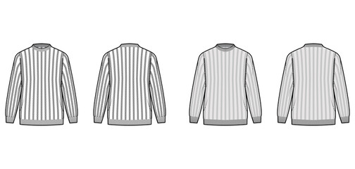Ribbed Sweater technical fashion illustration with rib crew neck, long sleeves, oversized, hip length, knit cuff trim. Flat jumper apparel front, back, white grey color. Women, men unisex CAD mockup