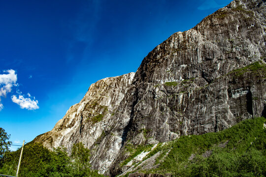 Massive rock mountain of Stalheim in Norway during sunny day