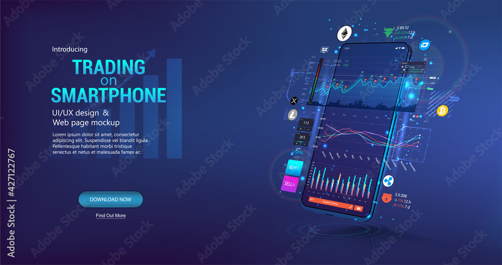Aufkleber App for trading cryptocurrency on the phone. Template trading platform, web page concept. Smartphone App with UI, online statistic, data analytics and finance. Trends and financial strategy. Vector