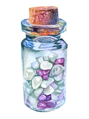Watercolor meditation glass bottle with cork and gemstone isolated on white background. Hand-drawn creative object for yoga, sticker, card, office stationery, sketchbook, wallpaper, wrapping