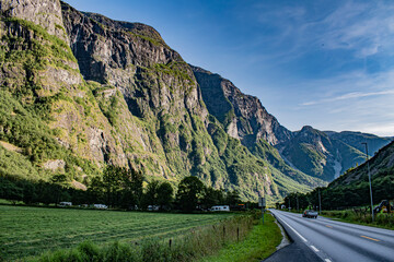 Viking Valley between the mountains in Norway with E16 panoramatic road