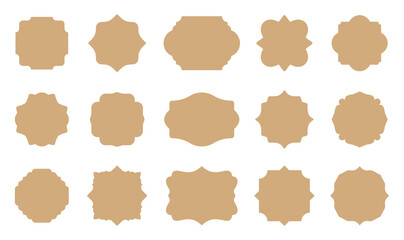Cardboard brown ornamental label frames. Retro badge vector set. Vintage packaging design templates for bottles, jars, cups or dishes. Special supermarket promotional offer price tag.