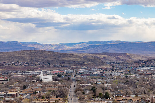 Aerial view of the cityscape of St George with the St. George Utah Temple