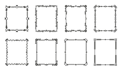Flower and leaf vector line frames square, dividers on isolated white. Decorative ornaments for scrapbook, card, book, wedding invate, menu or certificate. Chapter decorations and delimiters set.