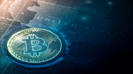 Digital currency concept. A golden bitcoin placed on the world map with digital circle effect. Electric money that is primarily managed, store or exchanged on digital computer system.