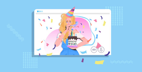 woman in festive hat celebrating online party girl in web browser window blowing in blower