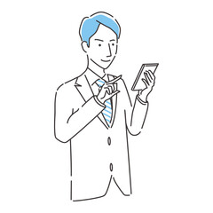 線画人物アイコン　スーツの男性　 スマホ操作　笑顔