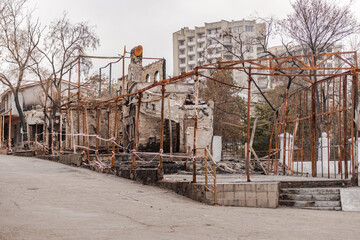 Consequences of the fire of shopping malls. Burnt-out market near the Feodosiya embankment. All that remains after the fire.