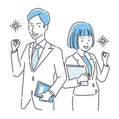 線画人物アイコン　スーツの男女　ガッツポーズ