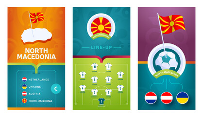 north Macedonia team European 2020 football vertical banner set for social media. North Macedonia group C banner with isometric map, pin flag, match schedule and line-up on soccer field