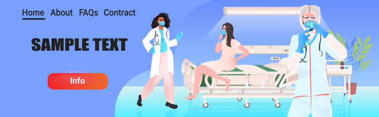 doctors in masks and protective suits preparing coronavirus vaccine injection for woman patient fight against covid-19