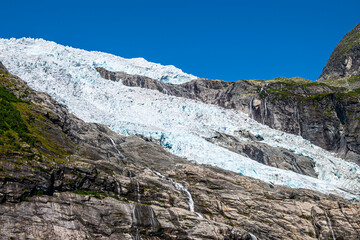 Briksdalsbreen Glacier in 2019, Jostedalsbreen National Park, Norway, closeup photo