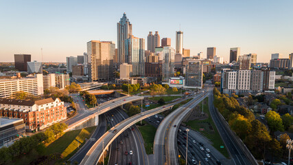 Aerial drone shot over the famous downtown connector interchange in the heart of downtown Atlanta,...